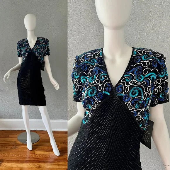 Dresses | Nwt Vintage 8s Beaded Art Deco Silk Sequin Party Wiggle Mini Dress  M